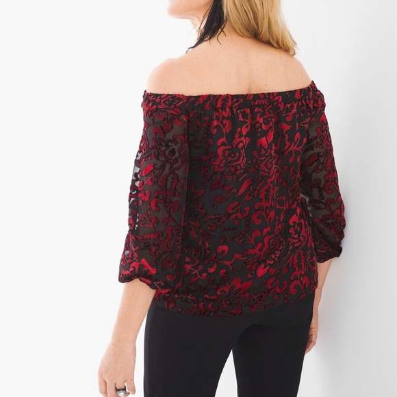 Chicos• red black velvet statement off the shoulder lace detail top - Picture 9 of 9